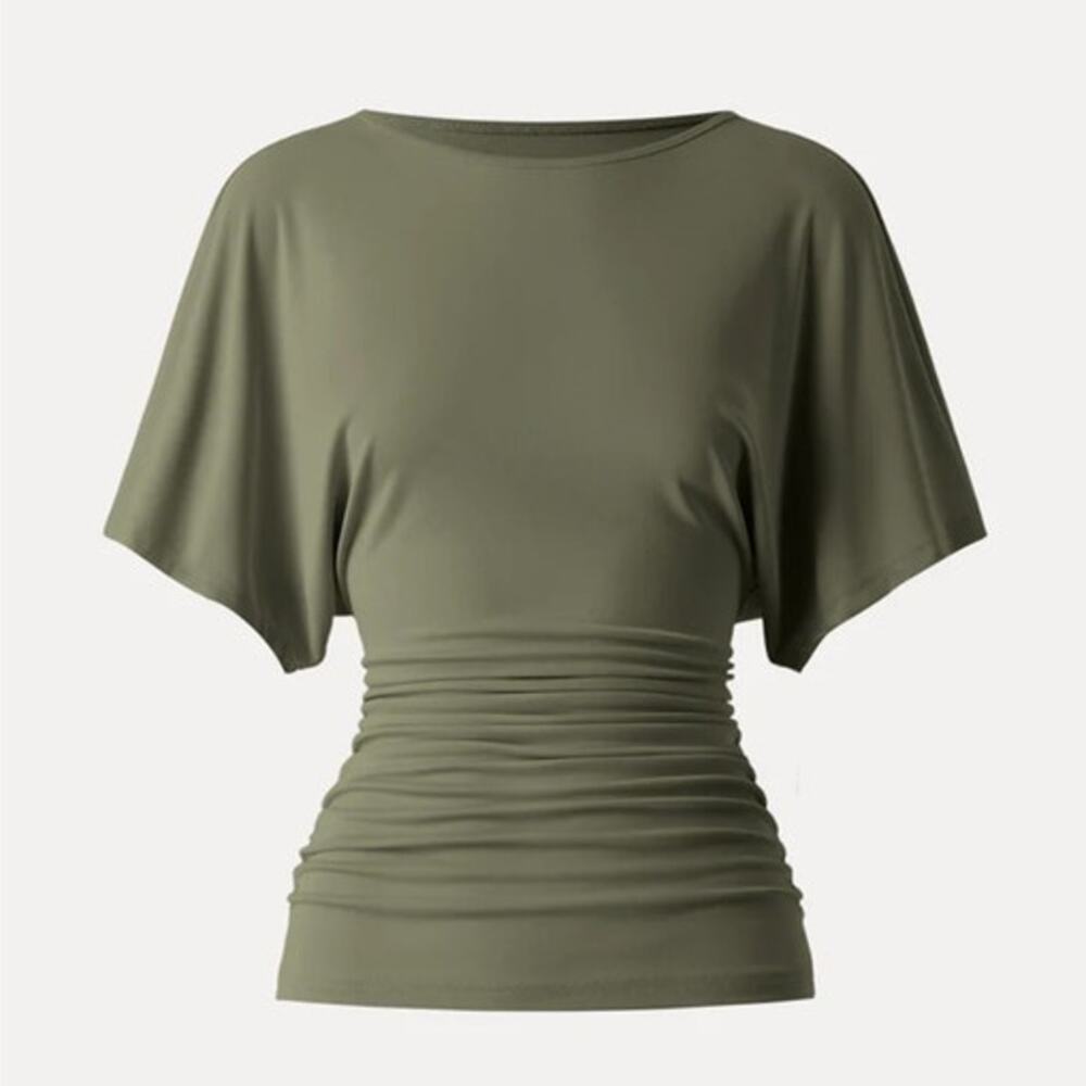 OGL Top Size M NEW Sandwashed Effortless Boatneck Batwing Sleeve Green Ruched